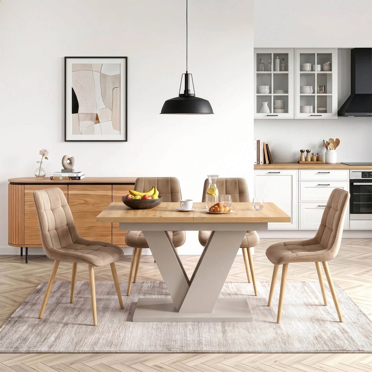 Rozkladací stôl CLARK – 120–160 cm, dub artisan, podnož kašmír – foto 2