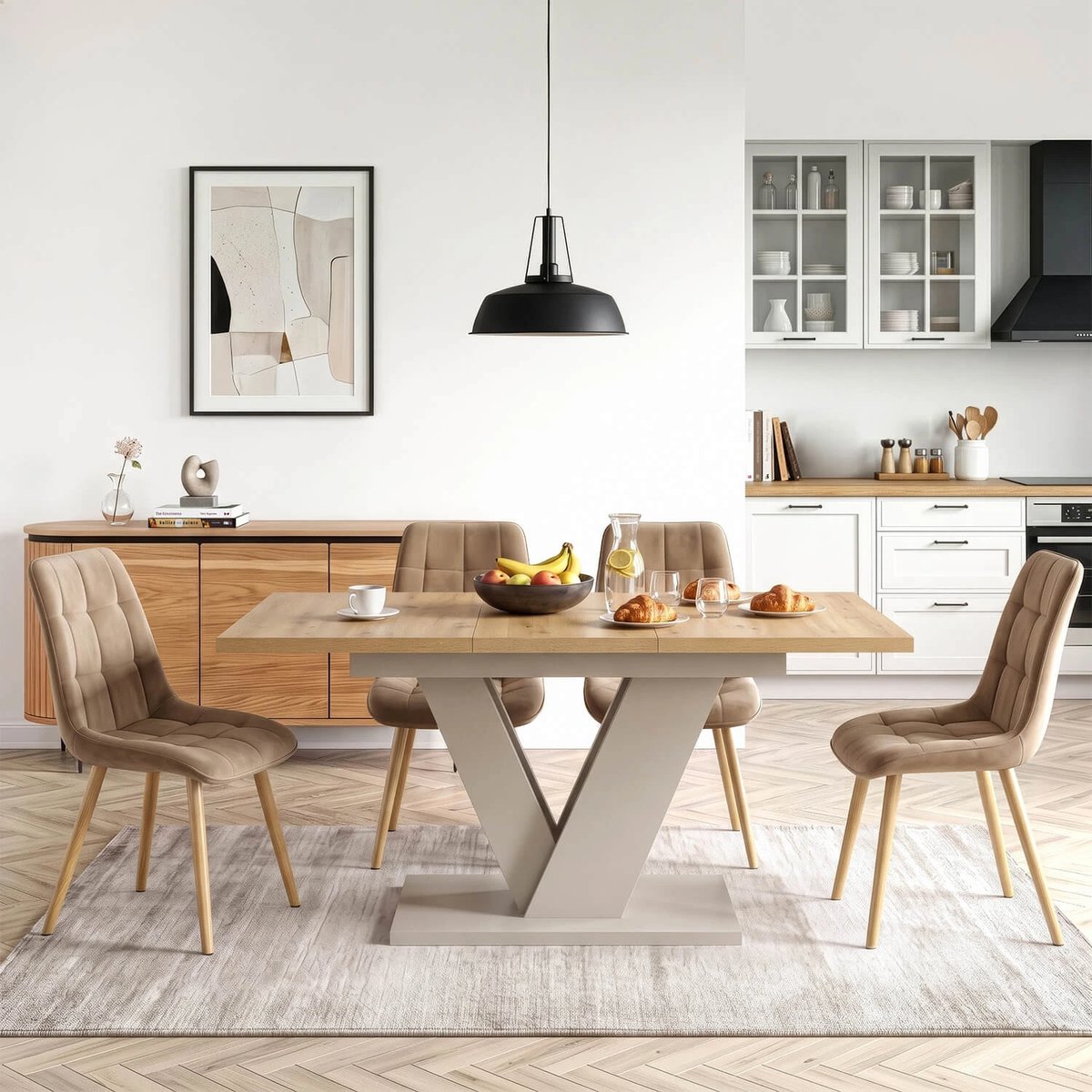 Rozkladací stôl CLARK – 120–160 cm, dub artisan, podnož kašmír – foto 3