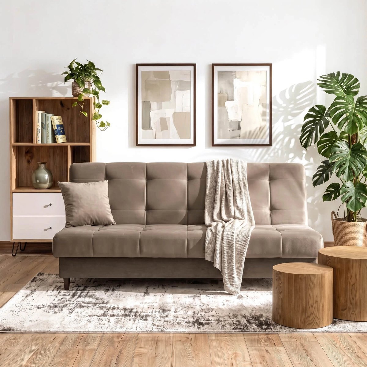 Rozkladacia pohovka LIMA – béžový zamat, s úložným priestorom – foto 2