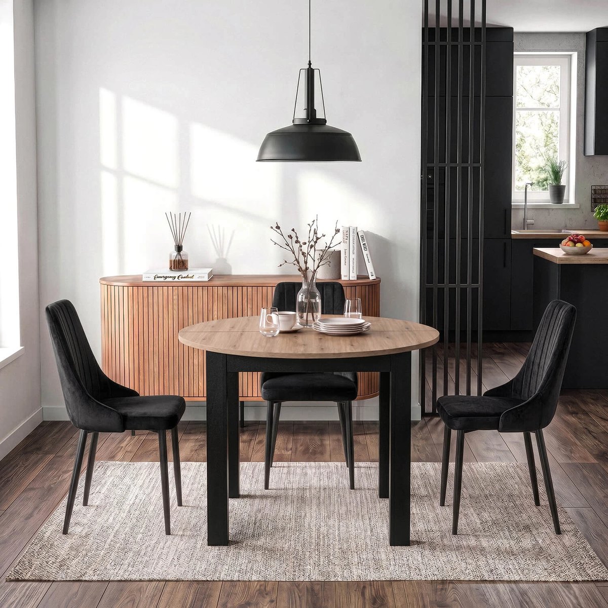 Rozkladací stôl HARRY – 102–142 cm, dub artisan, čierna podnož – foto 2