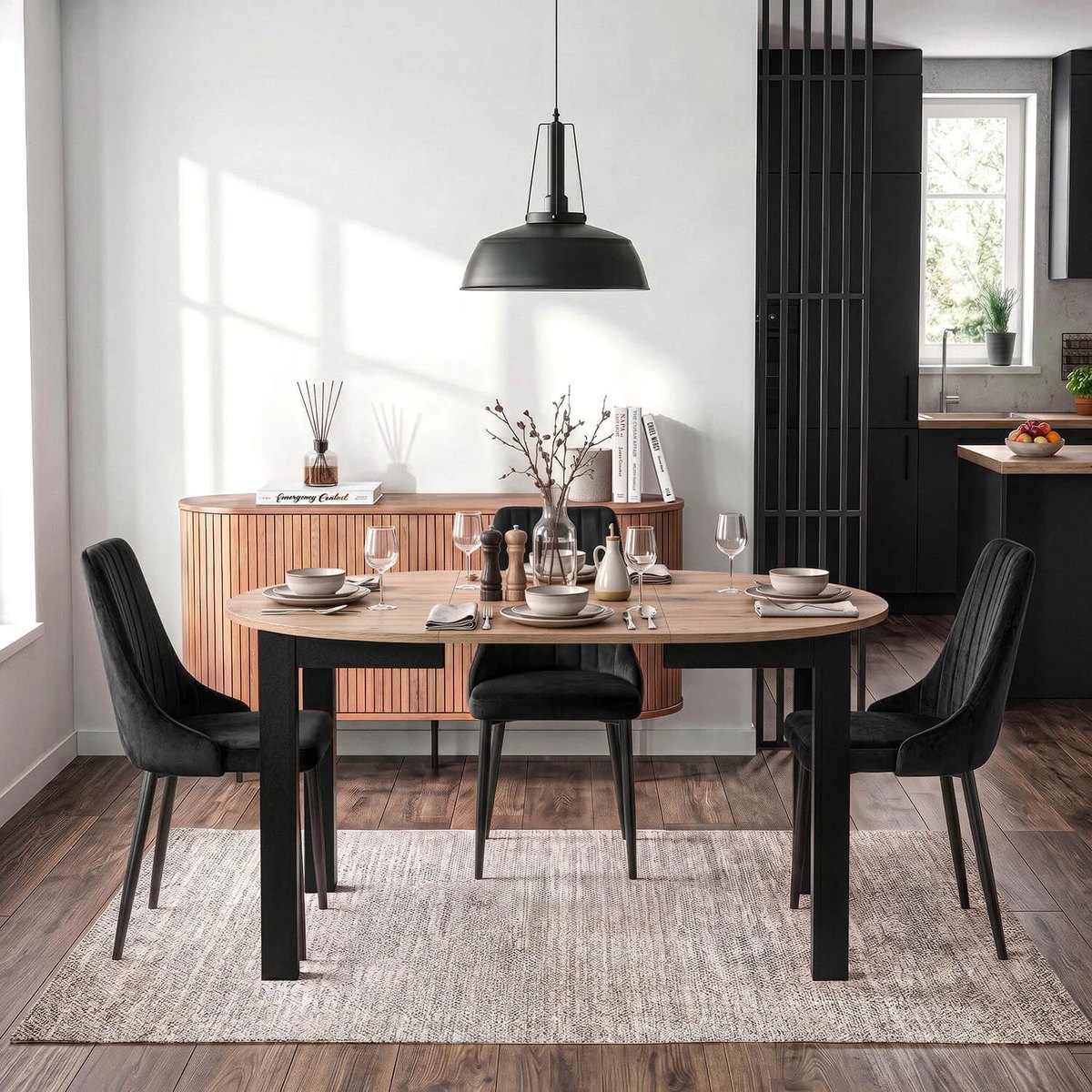 Rozkladací stôl HARRY – 102–142 cm, dub artisan, čierna podnož – foto 3