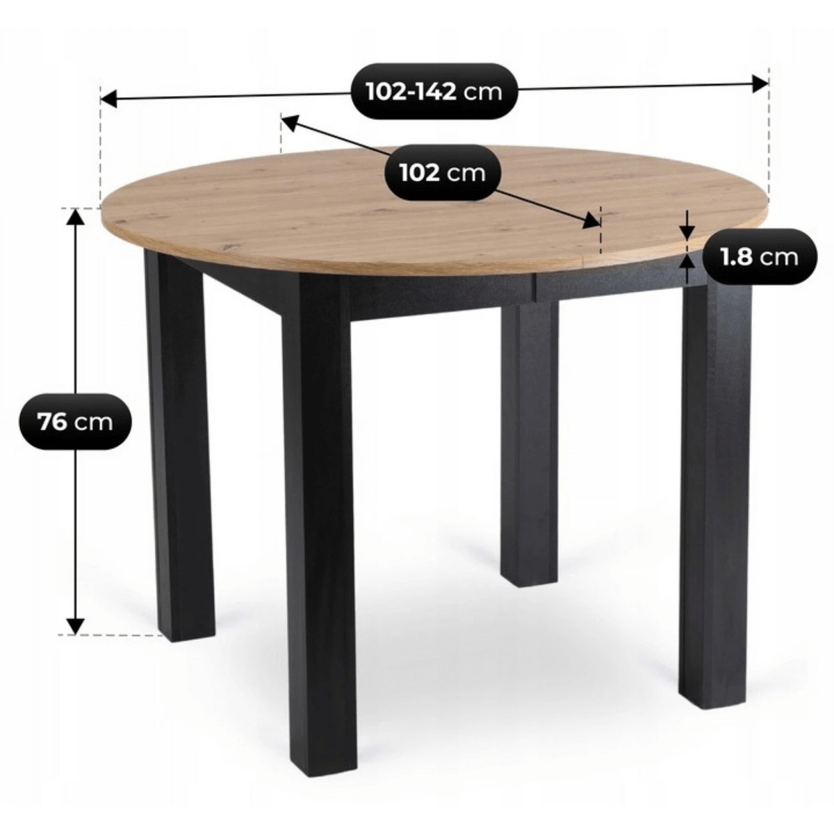 Rozkladací stôl HARRY – 102–142 cm, dub artisan, čierna podnož – foto 7