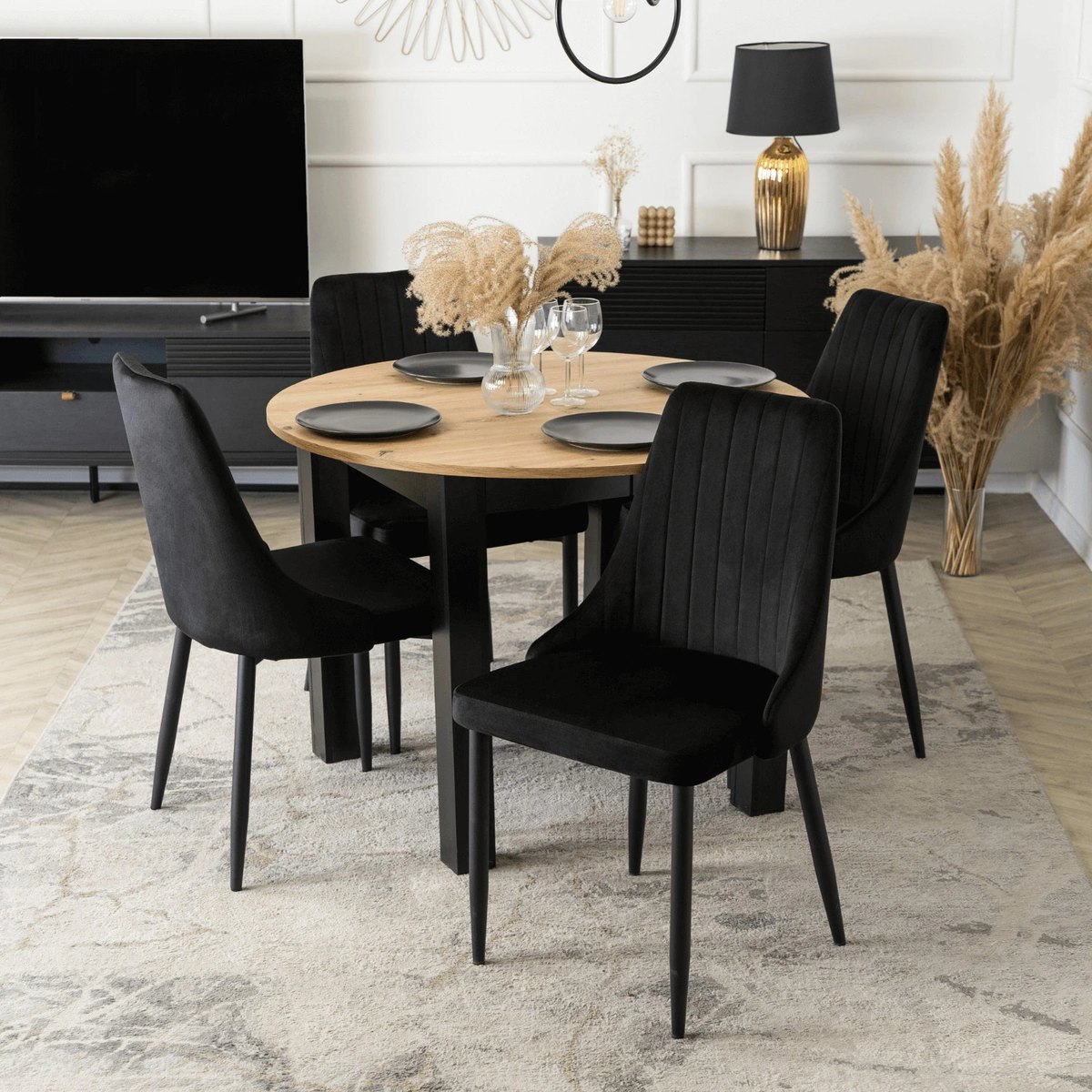 Jedálenský set HARRY – stôl HARRY 102–142 cm dub artisan a čierna + 4× stolička BARI čierna