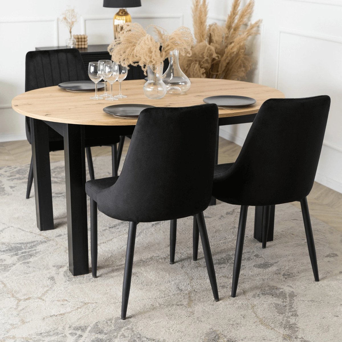 Jedálenský set HARRY – stôl HARRY 102–142 cm dub artisan a čierna + 4× stolička BARI čierna – foto 4