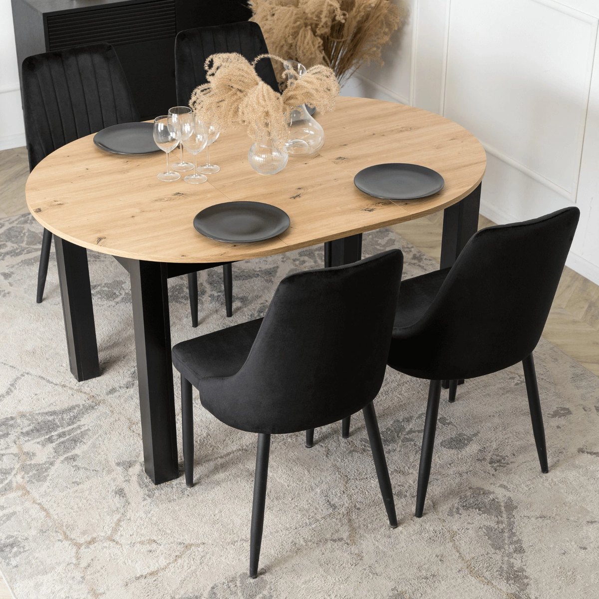 Jedálenský set HARRY – stôl HARRY 102–142 cm dub artisan a čierna + 4× stolička BARI čierna – foto 5