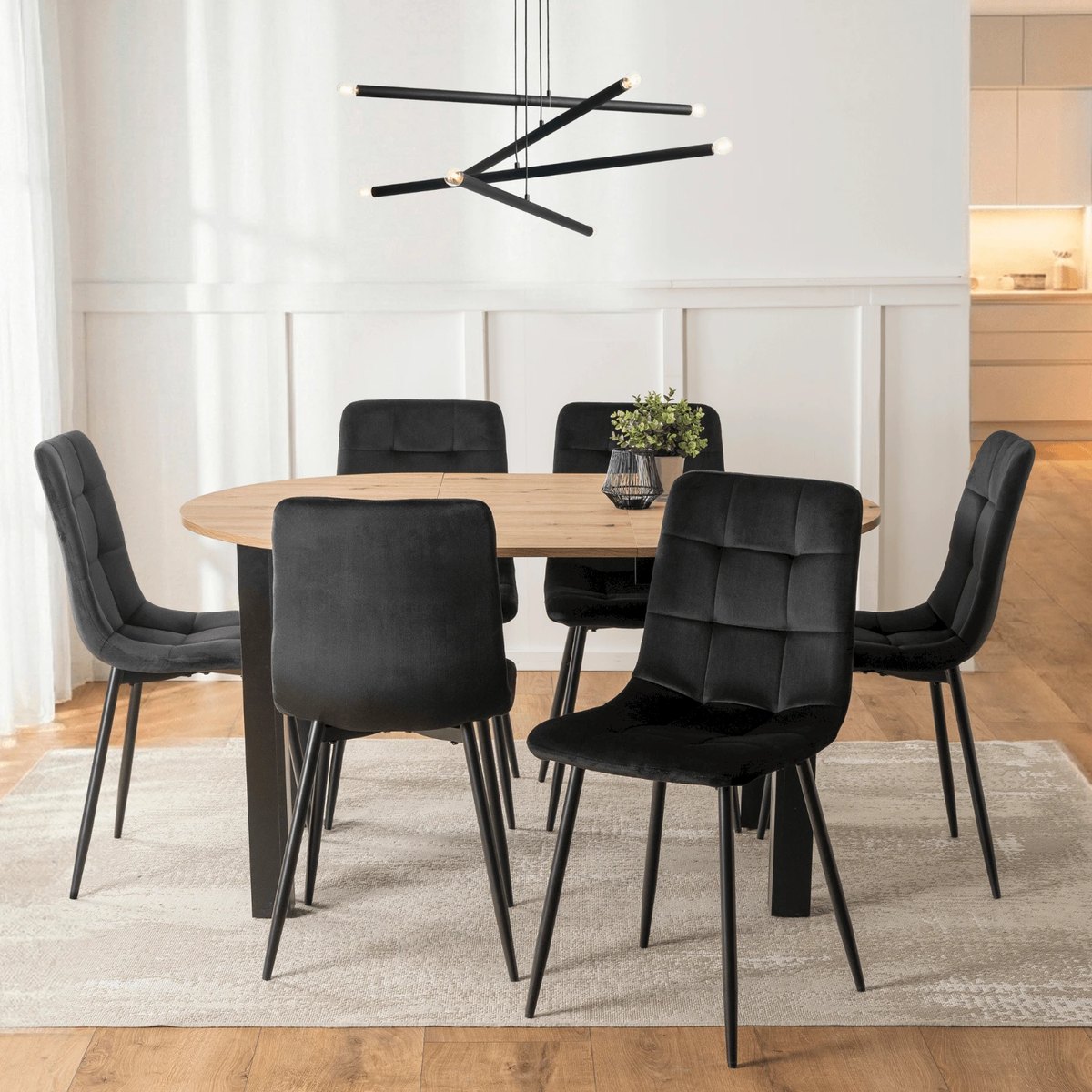 Jedálenský set HARRY – stôl HARRY 102–142 cm dub artisan a čierna + 6× stolička PERU čierna