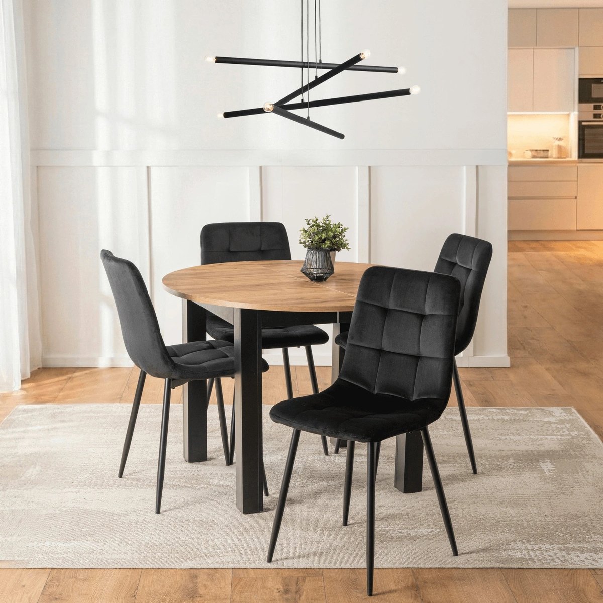 Jedálenský set HARRY – stôl HARRY 102–142 cm dub craft a čierna + 4× stolička PERU čierna