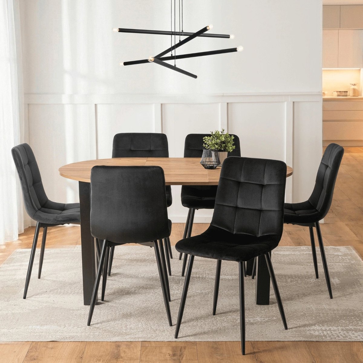 Jedálenský set HARRY – stôl HARRY 102–142 cm dub craft a čierna + 6× stolička PERU čierna