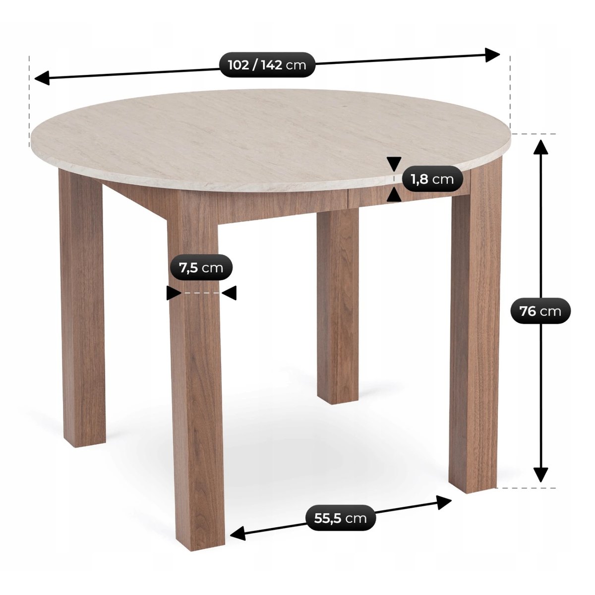 Rozkladací stôl HARRY – 102–142 cm, travertín, orech nicea podnož – foto 7
