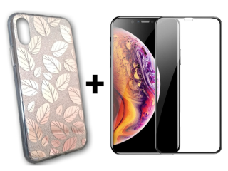 9D SKLO + KRYT 2v1 pre Apple iPhone X , XS - GLITTER LEAVES strieborný