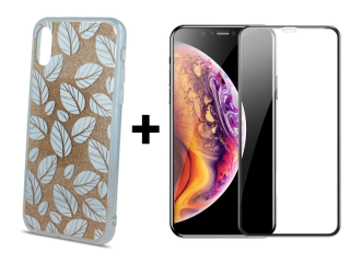 9D SKLO + KRYT 2v1 pre Apple iPhone X , XS - GLITTER LEAVES zlatý