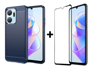 9D SKLO + PUZDRO 2v1 pre Honor X7a - Silikónové CARBON modré
