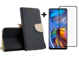 9D SKLO + PUZDRO 2v1 pre Motorola Moto E32 / E32s - Knižkové FANCY čierno zlaté
