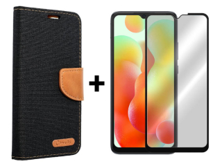 SKLO + PUZDRO 2v1 pre Xiaomi Redmi 12C - Knižkové puzdro CANVAS čierno hnedé