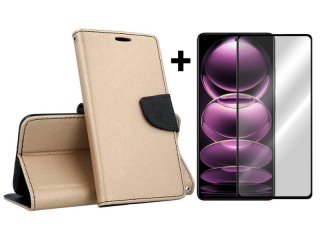 SKLO + PUZDRO 2v1 pre Xiaomi Redmi Note 12 Pro 5G - Knižkové FANCY zlato čierne