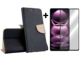 SKLO + PUZDRO 2v1 pre Xiaomi Redmi Note 12 Pro 5G - Knižkové FANCY čierno zlaté