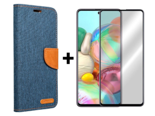 9D SKLO + PÚZDRO 2v1 pre Samsung Galaxy A71 - Knižkové CANVAS modro hnedé