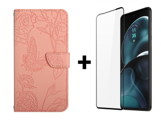 9D SKLO + PUZDRO 2v1 pre Motorola Moto G14 - Knižkové Butterfly ružové