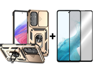 9D SKLO + PUZDRO 2v1 pre Samsung Galaxy A54 5G - Tvrdené SLIDING zlaté