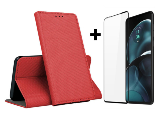 9D SKLO + PUZDRO 2v1 pre Motorola Moto G14 - Knižkové SMART MAGNET červené