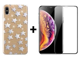9D SKLO + KRYT 2v1 pre Apple iPhone X , XS - GLITTER Stars zlatý