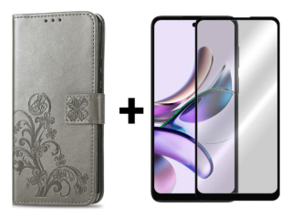 SKLO + PUZDRO 2v1 pre Motorola Moto G23 / G13 - Knižkové LEAF sivé