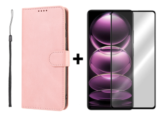 SKLO + PUZDRO 2v1 pre Xiaomi Redmi Note 12 Pro 5G - Knižkové SOLID ružové