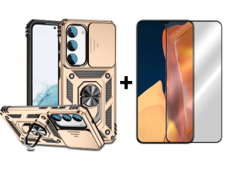 SKLO + PUZDRO 2v1 pre Samsung Galaxy S23 5G - Tvrdené RING ARMOR SLIDE zlaté