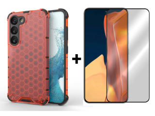 SKLO + PUZDRO 2v1 pre Samsung Galaxy S23 5G - Tvrdené HONEYCOMB červené