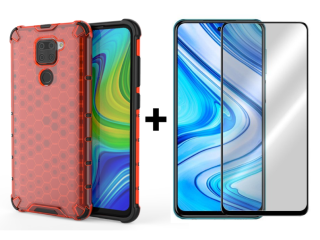 SKLO + PUZDRO 2v1 pre Xiaomi Redmi Note 9 - Tvrdené HONEYCOMB červené