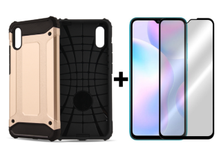 SKLO + PUZDRO 2v1 pre Xiaomi Redmi 9A / 9AT - Tvrdené HYBRID ARMOR zlaté