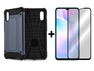 SKLO + PUZDRO 2v1 pre Xiaomi Redmi 9A / 9AT - Tvrdené HYBRID ARMOR modré