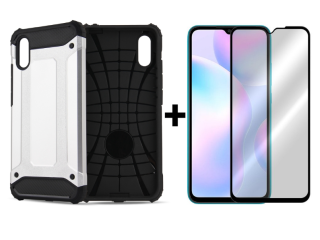 SKLO + PUZDRO 2v1 pre Xiaomi Redmi 9A / 9AT - Tvrdené HYBRID ARMOR silver