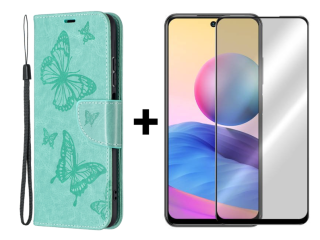 SKLO + PUZDRO 2v1 pre Xiaomi Redmi Note 10 / 10s - Knižkové BUTTERFLY zelené