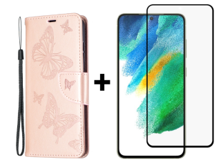 SKLO + PUZDRO 2v1 pre Samsung Galaxy S21 FE 5G - Knižkové BUTTERFLY ružové