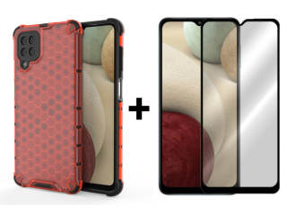 SKLO + PUZDRO 2v1 pre Samsung Galaxy A12 - Tvrdené HONEYCOMB červené