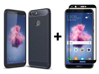 SKLO + PUZDRO 2v1 pre Huawei P SMART - Silikónové CARBON modré