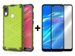 SKLO + PUZDRO 2v1 pre HUAWEI Y7 2019 - Tvrdené HONEYCOMB zelené