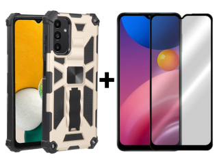 SKLO + PUZDRO 2v1 pre Samsung Galaxy A13 5G / A04s - Tvrdené ARMOR HOLDER zlaté
