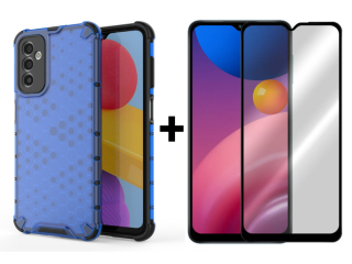 SKLO + PUZDRO 2v1 pre Samsung Galaxy A13 5G / A04s - Tvrdené HONEYCOMB modré