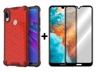 SKLO + PUZDRO 2v1 pre Huawei Y6 2019 - Tvrdené HONEYCOMB červené