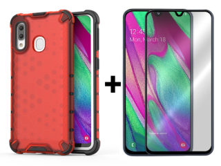 SKLO + PUZDRO 2v1 pre Samsung Galaxy A40 - Tvrdené HONEYCOMB červené