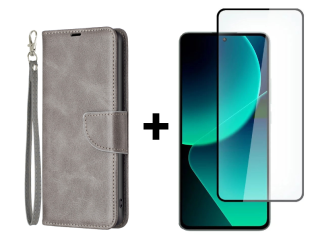 SKLO + PUZDRO 2v1 pre Xiaomi 13T / 13T Pro - Knižkové puzdro SOLID sivé