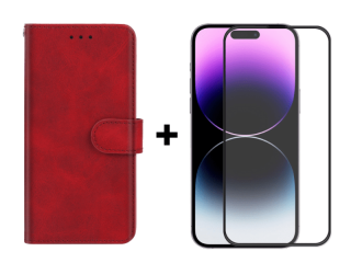 9D SKLO + PUZDRO 2v1 pre Apple iPhone 14 Pro Max - Knižkové Solid červené