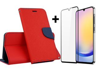 SKLO + PUZDRO 2v1 pre Samsung Galaxy A25 5G - Knižkové puzdro FANCY červeno modré