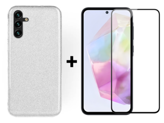 SKLO + KRYT 2v1 pre Samsung Galaxy A35 5G - Silikónový GLITTER strieborný