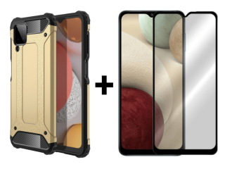 SKLO + KRYT 2v1 pre Samsung Galaxy A12 - Tvrdený Zadný kryt HYBRID zlatý
