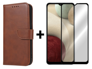 SKLO + PUZDRO 2v1 pre Samsung Galaxy A12 - Peňaženkové puzdro BUCKLE hnedé