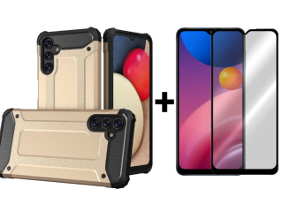 SKLO + KRYT 2v1 pre Samsung Galaxy A13 5G / A04s - Tvrdený Zadný kryt HYBRID zlatý
