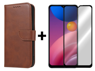 SKLO + PUZDRO 2v1 pre Samsung Galaxy A13 5G / A04s - Peňaženkové puzdro BUCKLE hnedé